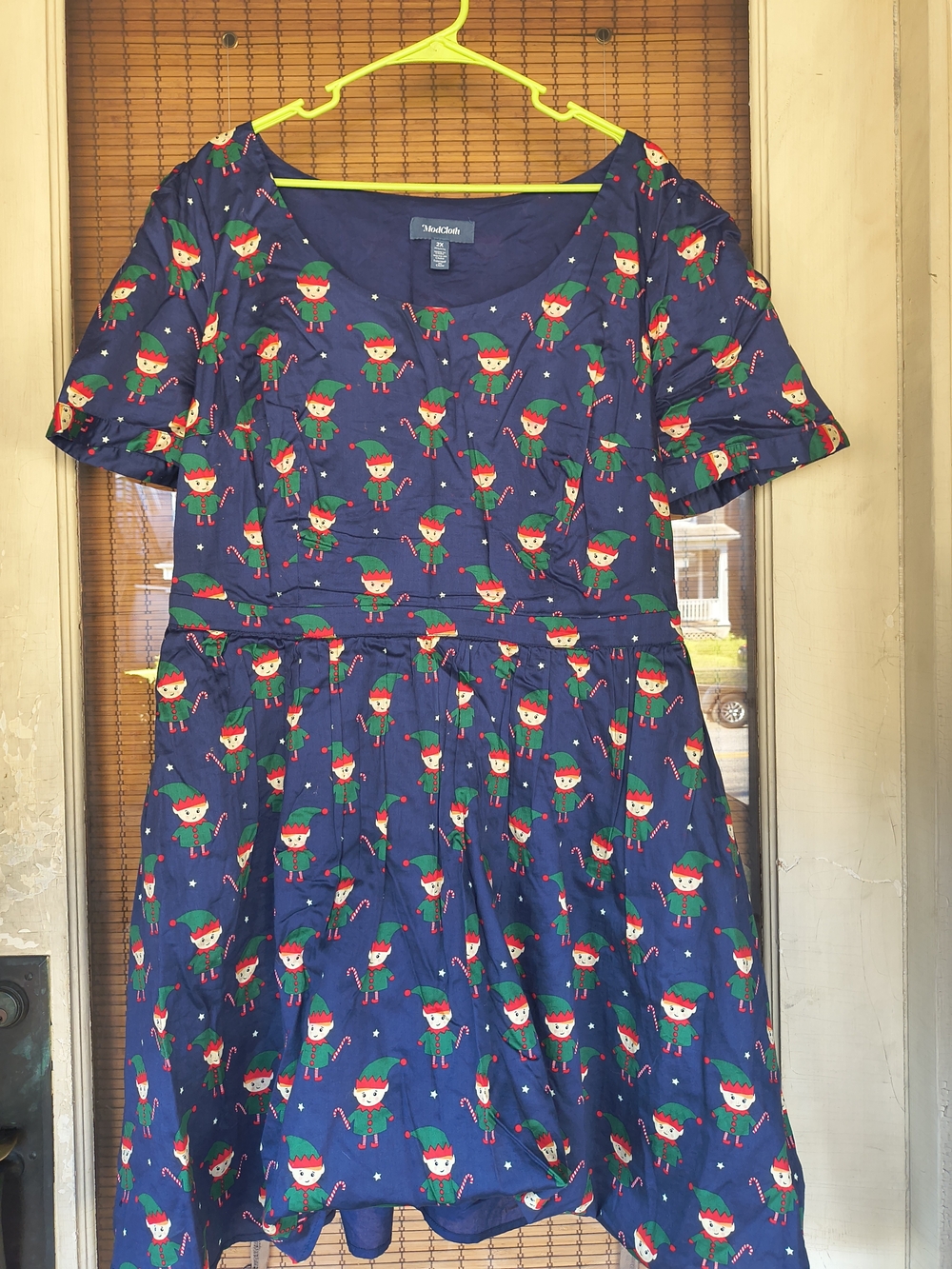 ModCloth What’s The Scoop A-Line Dress Navy Elf Holiday Christmas Print 2X